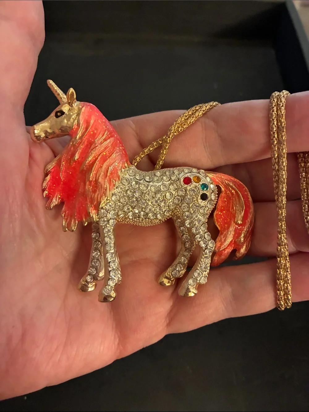Unicorn Pendant Necklace with Orange Enamel Mane NWOT